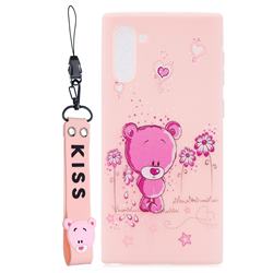 Pink Flower Bear Soft Kiss Candy Hand Strap Silicone Case for Samsung Galaxy Note 10 (6.28 inch) / Note10 5G