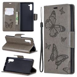 Embossing Double Butterfly Leather Wallet Case for Samsung Galaxy Note 10 (6.28 inch) / Note10 5G - Gray