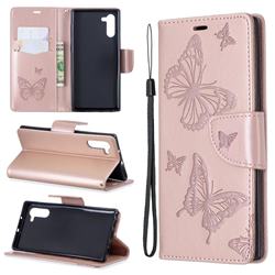 Embossing Double Butterfly Leather Wallet Case for Samsung Galaxy Note 10 (6.28 inch) / Note10 5G - Rose Gold