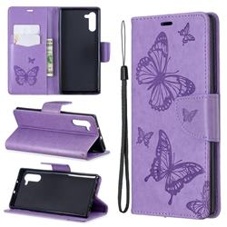 Embossing Double Butterfly Leather Wallet Case for Samsung Galaxy Note 10 (6.28 inch) / Note10 5G - Purple