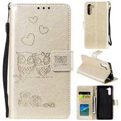 Embossing Owl Couple Flower Leather Wallet Case for Samsung Galaxy Note 10 (6.28 inch) / Note10 5G - Golden