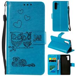 Embossing Owl Couple Flower Leather Wallet Case for Samsung Galaxy Note 10 (6.28 inch) / Note10 5G - Blue