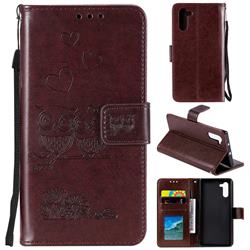 Embossing Owl Couple Flower Leather Wallet Case for Samsung Galaxy Note 10 (6.28 inch) / Note10 5G - Brown