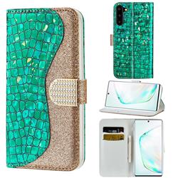 Glitter Diamond Buckle Laser Stitching Leather Wallet Phone Case for Samsung Galaxy Note 10 (6.28 inch) / Note10 5G - Green