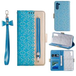 Luxury Lace Zipper Stitching Leather Phone Wallet Case for Samsung Galaxy Note 10 (6.28 inch) / Note10 5G - Blue