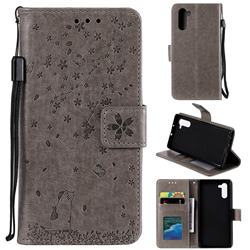 Embossing Cherry Blossom Cat Leather Wallet Case for Samsung Galaxy Note 10 (6.28 inch) / Note10 5G - Gray