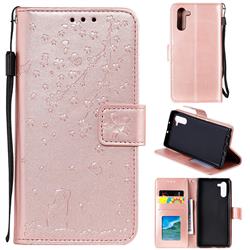 Embossing Cherry Blossom Cat Leather Wallet Case for Samsung Galaxy Note 10 (6.28 inch) / Note10 5G - Rose Gold