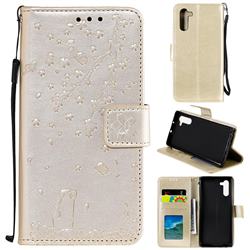 Embossing Cherry Blossom Cat Leather Wallet Case for Samsung Galaxy Note 10 (6.28 inch) / Note10 5G - Golden