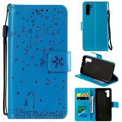 Embossing Cherry Blossom Cat Leather Wallet Case for Samsung Galaxy Note 10 (6.28 inch) / Note10 5G - Blue