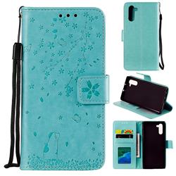 Embossing Cherry Blossom Cat Leather Wallet Case for Samsung Galaxy Note 10 (6.28 inch) / Note10 5G - Green