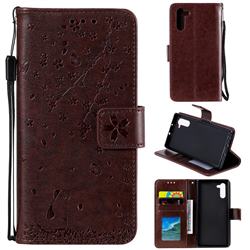 Embossing Cherry Blossom Cat Leather Wallet Case for Samsung Galaxy Note 10 (6.28 inch) / Note10 5G - Brown
