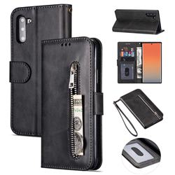 Retro Calfskin Zipper Leather Wallet Case Cover for Samsung Galaxy Note 10 (6.28 inch) / Note10 5G - Black