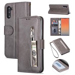 Retro Calfskin Zipper Leather Wallet Case Cover for Samsung Galaxy Note 10 (6.28 inch) / Note10 5G - Grey