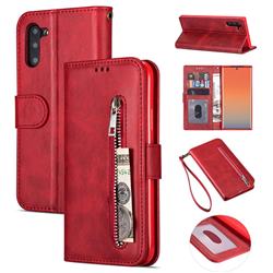Retro Calfskin Zipper Leather Wallet Case Cover for Samsung Galaxy Note 10 (6.28 inch) / Note10 5G - Red