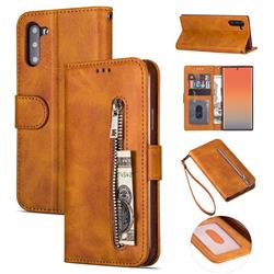 Retro Calfskin Zipper Leather Wallet Case Cover for Samsung Galaxy Note 10 (6.28 inch) / Note10 5G - Brown