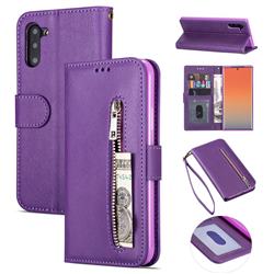 Retro Calfskin Zipper Leather Wallet Case Cover for Samsung Galaxy Note 10 (6.28 inch) / Note10 5G - Purple