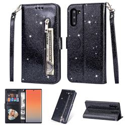 Glitter Shine Leather Zipper Wallet Phone Case for Samsung Galaxy Note 10 (6.28 inch) / Note10 5G - Black