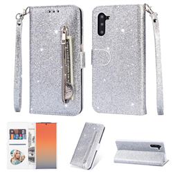 Glitter Shine Leather Zipper Wallet Phone Case for Samsung Galaxy Note 10 (6.28 inch) / Note10 5G - Silver