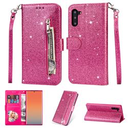 Glitter Shine Leather Zipper Wallet Phone Case for Samsung Galaxy Note 10 (6.28 inch) / Note10 5G - Rose