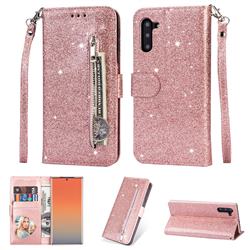 Glitter Shine Leather Zipper Wallet Phone Case for Samsung Galaxy Note 10 (6.28 inch) / Note10 5G - Pink