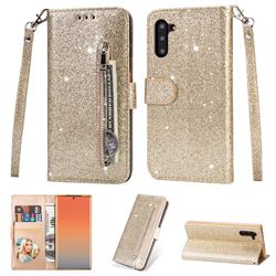 Glitter Shine Leather Zipper Wallet Phone Case for Samsung Galaxy Note 10 (6.28 inch) / Note10 5G - Gold