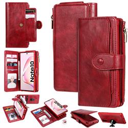 Retro Multifunction Zipper Magnetic Separable Leather Phone Case Cover for Samsung Galaxy Note 10 (6.28 inch) / Note10 5G - Red