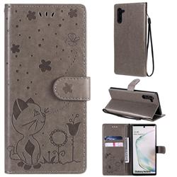 Embossing Bee and Cat Leather Wallet Case for Samsung Galaxy Note 10 (6.28 inch) / Note10 5G - Gray