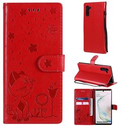 Embossing Bee and Cat Leather Wallet Case for Samsung Galaxy Note 10 (6.28 inch) / Note10 5G - Red