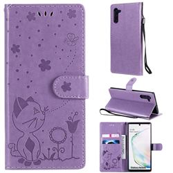 Embossing Bee and Cat Leather Wallet Case for Samsung Galaxy Note 10 (6.28 inch) / Note10 5G - Purple