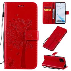 Embossing Butterfly Tree Leather Wallet Case for Samsung Galaxy Note 10 Lite - Red