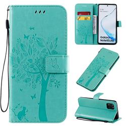 Embossing Butterfly Tree Leather Wallet Case for Samsung Galaxy Note 10 Lite - Cyan