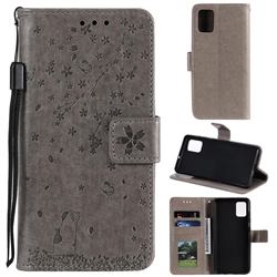 Embossing Cherry Blossom Cat Leather Wallet Case for Samsung Galaxy Note 10 Lite - Gray