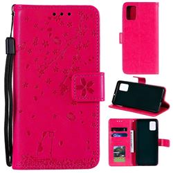 Embossing Cherry Blossom Cat Leather Wallet Case for Samsung Galaxy Note 10 Lite - Rose