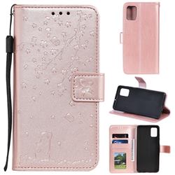 Embossing Cherry Blossom Cat Leather Wallet Case for Samsung Galaxy Note 10 Lite - Rose Gold