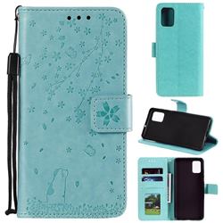 Embossing Cherry Blossom Cat Leather Wallet Case for Samsung Galaxy Note 10 Lite - Green