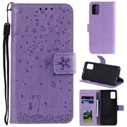 Embossing Cherry Blossom Cat Leather Wallet Case for Samsung Galaxy Note 10 Lite - Purple
