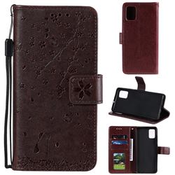 Embossing Cherry Blossom Cat Leather Wallet Case for Samsung Galaxy Note 10 Lite - Brown