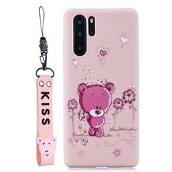 Pink Flower Bear Soft Kiss Candy Hand Strap Silicone Case for Samsung Galaxy Note 10+ (6.75 inch) / Note10 Plus