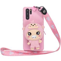 Pink Pig Neck Lanyard Zipper Wallet Silicone Case for Samsung Galaxy Note 10+ (6.75 inch) / Note10 Plus