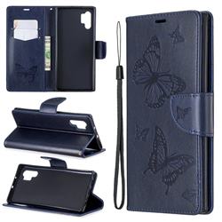 Embossing Double Butterfly Leather Wallet Case for Samsung Galaxy Note 10+ (6.75 inch) / Note10 Plus - Dark Blue