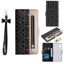 Luxury Lace Zipper Stitching Leather Phone Wallet Case for Samsung Galaxy Note 10+ (6.75 inch) / Note10 Plus - Black