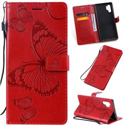 Embossing 3D Butterfly Leather Wallet Case for Samsung Galaxy Note 10+ (6.75 inch) / Note10 Plus - Red