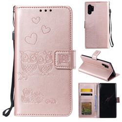 Embossing Owl Couple Flower Leather Wallet Case for Samsung Galaxy Note 10+ (6.75 inch) / Note10 Plus - Rose Gold