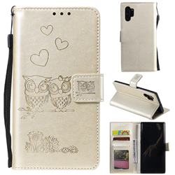 Embossing Owl Couple Flower Leather Wallet Case for Samsung Galaxy Note 10+ (6.75 inch) / Note10 Plus - Golden