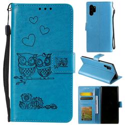 Embossing Owl Couple Flower Leather Wallet Case for Samsung Galaxy Note 10+ (6.75 inch) / Note10 Plus - Blue