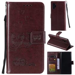 Embossing Owl Couple Flower Leather Wallet Case for Samsung Galaxy Note 10+ (6.75 inch) / Note10 Plus - Brown