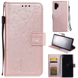 Embossing Cherry Blossom Cat Leather Wallet Case for Samsung Galaxy Note 10+ (6.75 inch) / Note10 Plus - Rose Gold