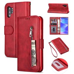 Retro Calfskin Zipper Leather Wallet Case Cover for Samsung Galaxy Note 10 Pro (6.75 inch) / Note 10+ - Red