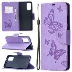 Embossing Double Butterfly Leather Wallet Case for Samsung Galaxy Note 20 - Purple