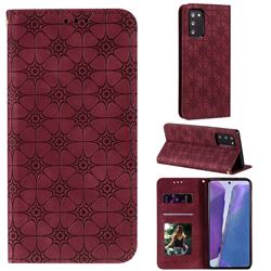 Intricate Embossing Four Leaf Clover Leather Wallet Case for Samsung Galaxy Note 20 - Claret